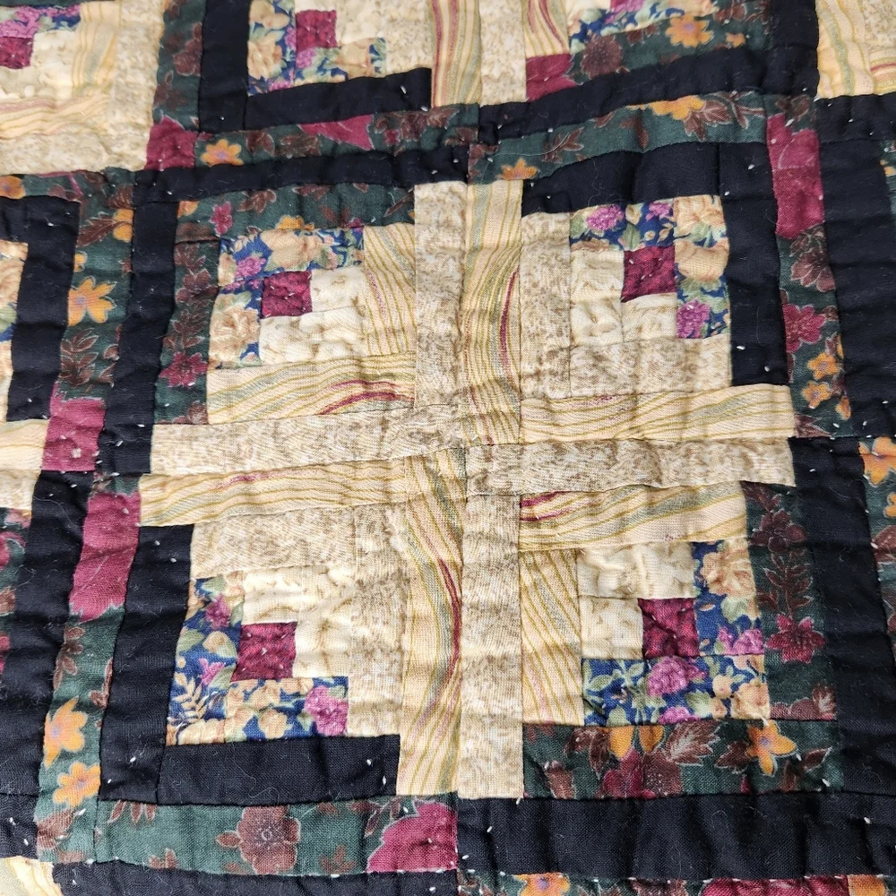 Handcrafted Farmhouse Handmade Quilted Table Runner Multicolor Black Tan Pink
